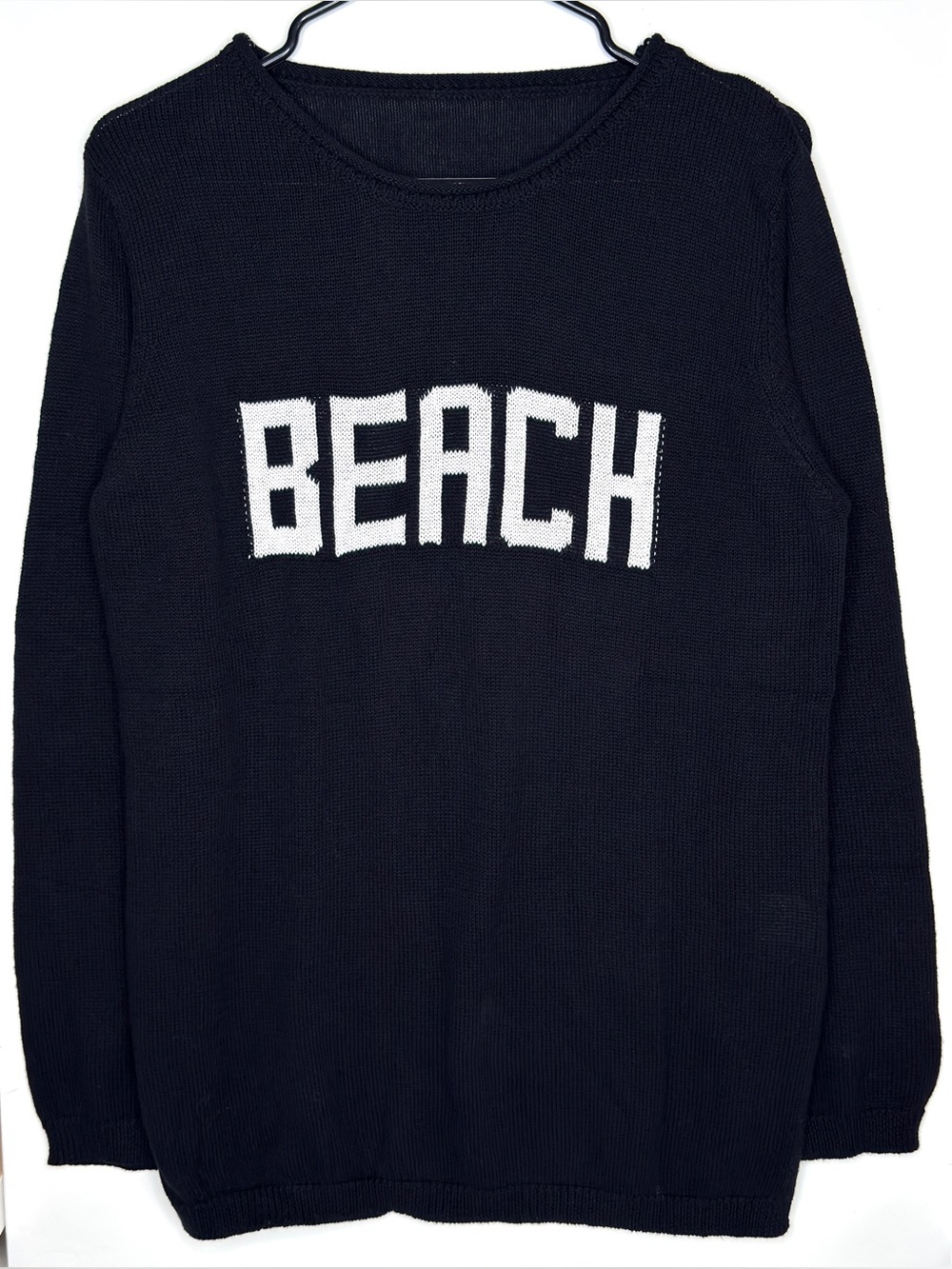 Black 'BEACH' Knit Sweater - Classic Crew Size- Small